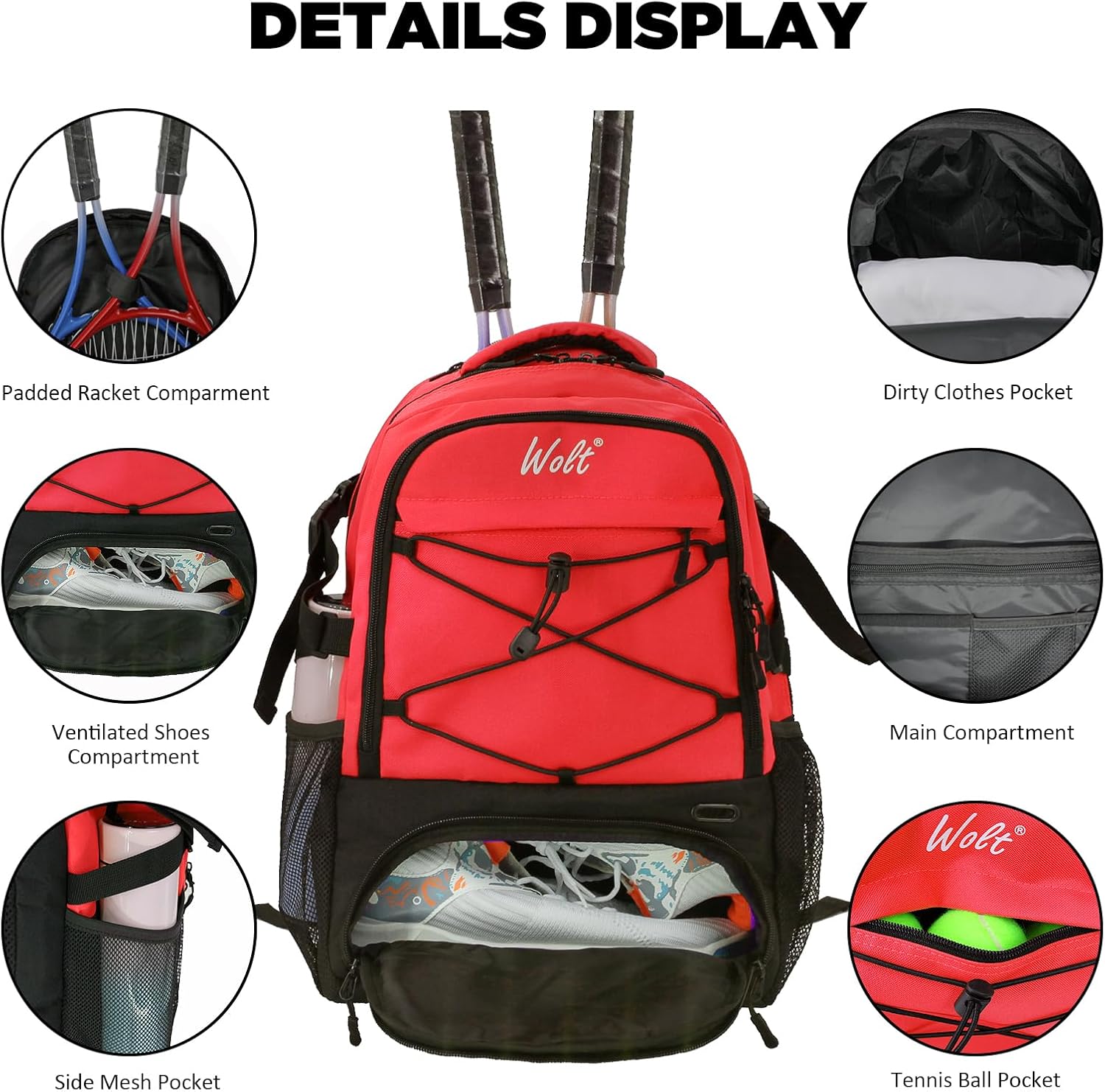 WOLT Tennis Bag - Large Tennis Racket Backpack for Men & Women - Ventilated Shoe Compartment - Holds 2 Rackets