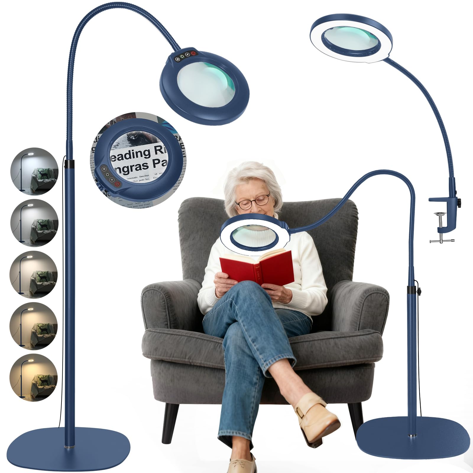 Veemagni 10 lupas de cristal auténticas lupas de cuello de cisne, lupa con luz y soporte, 5 modos de color regulable sin niveles, 3 en 1 LED, lupa de pie, manos libres para leer, hobby, azul