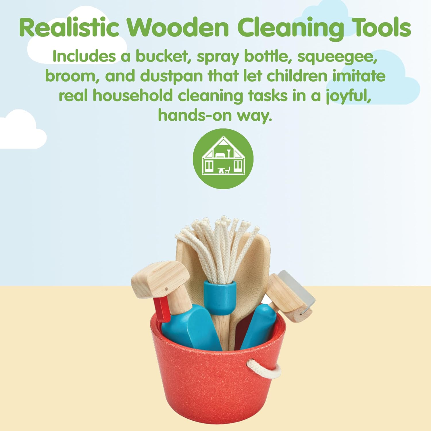 PlanToys® Cleaning Set | Montessori Wooden Housekeeping Play Set for Kids | Includes Broom, Mop, Dustpan, Bucket & Duster | Eco-Friendly Pretend Play Toy for Practical Life Skills & Responsibility