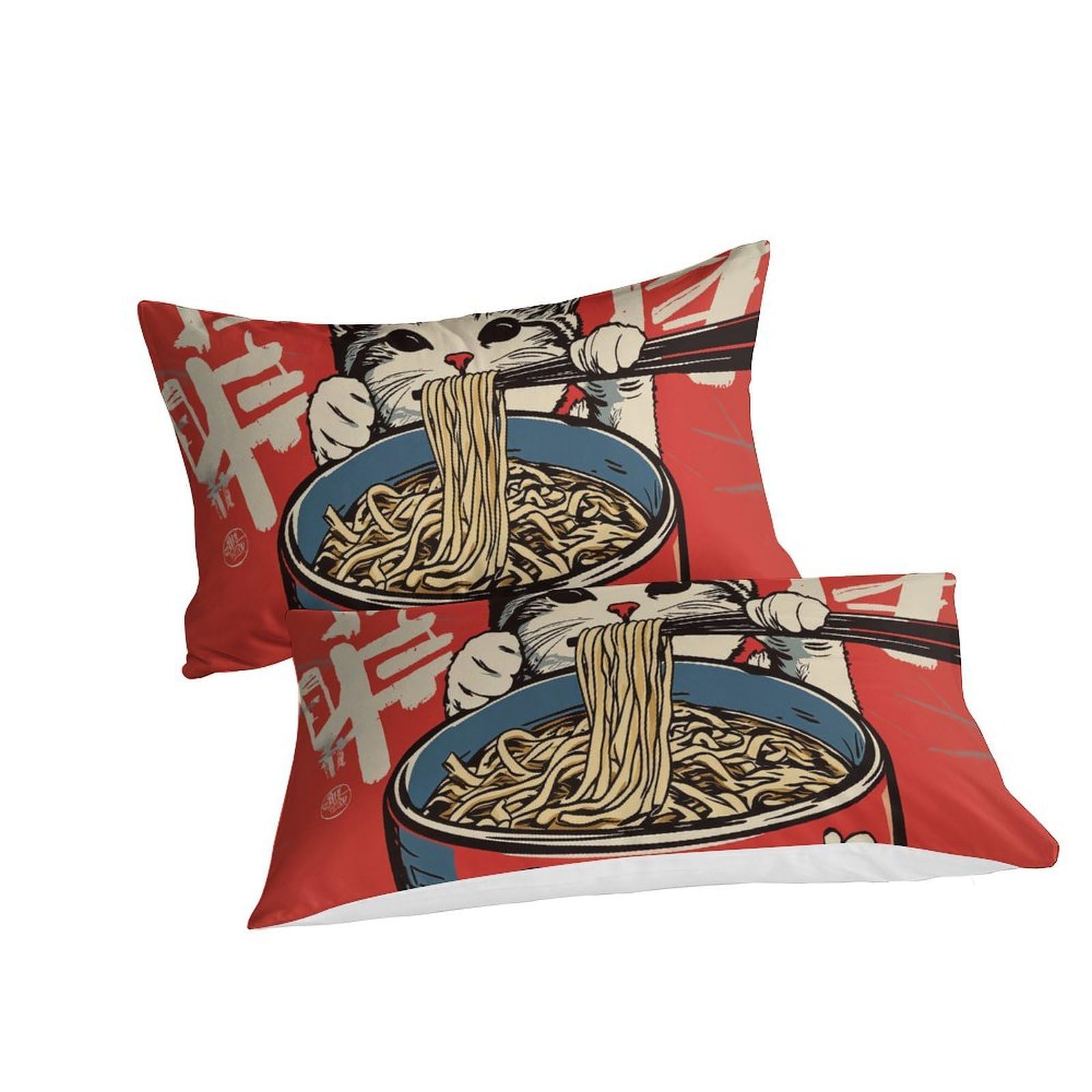 Katze Fressend Nudeln Bettbezug 3 Teile 3D-Druck Cartoon-Stil Illustration Mikrofaser Quiltbezug mit 2 Kissenbezügen Reißverschluss für Kinder und Erwachsene Schlafzimmerdekoration King（220x240cm）