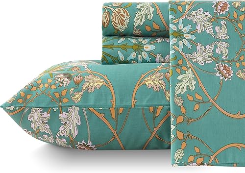 Miniatura 9 de Zusbest Juego de sábanas de tamaño matrimonial, sábanas florales vintage desgastadas, de algodón percal, elegante, verde azulado, azul, naranja,