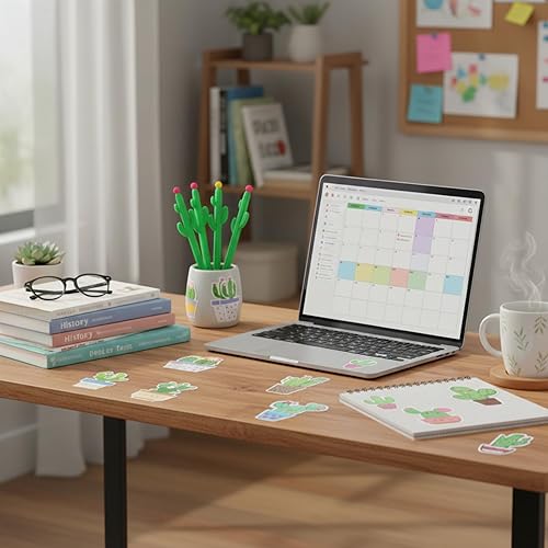 Miniatura 7 de Tinlade 74 piezas de cactus para fiesta, 12 bolígrafos de cactus a granel de 0.020 in, bolígrafos de tinta de gel negra, 50 calcomanías de vinilo