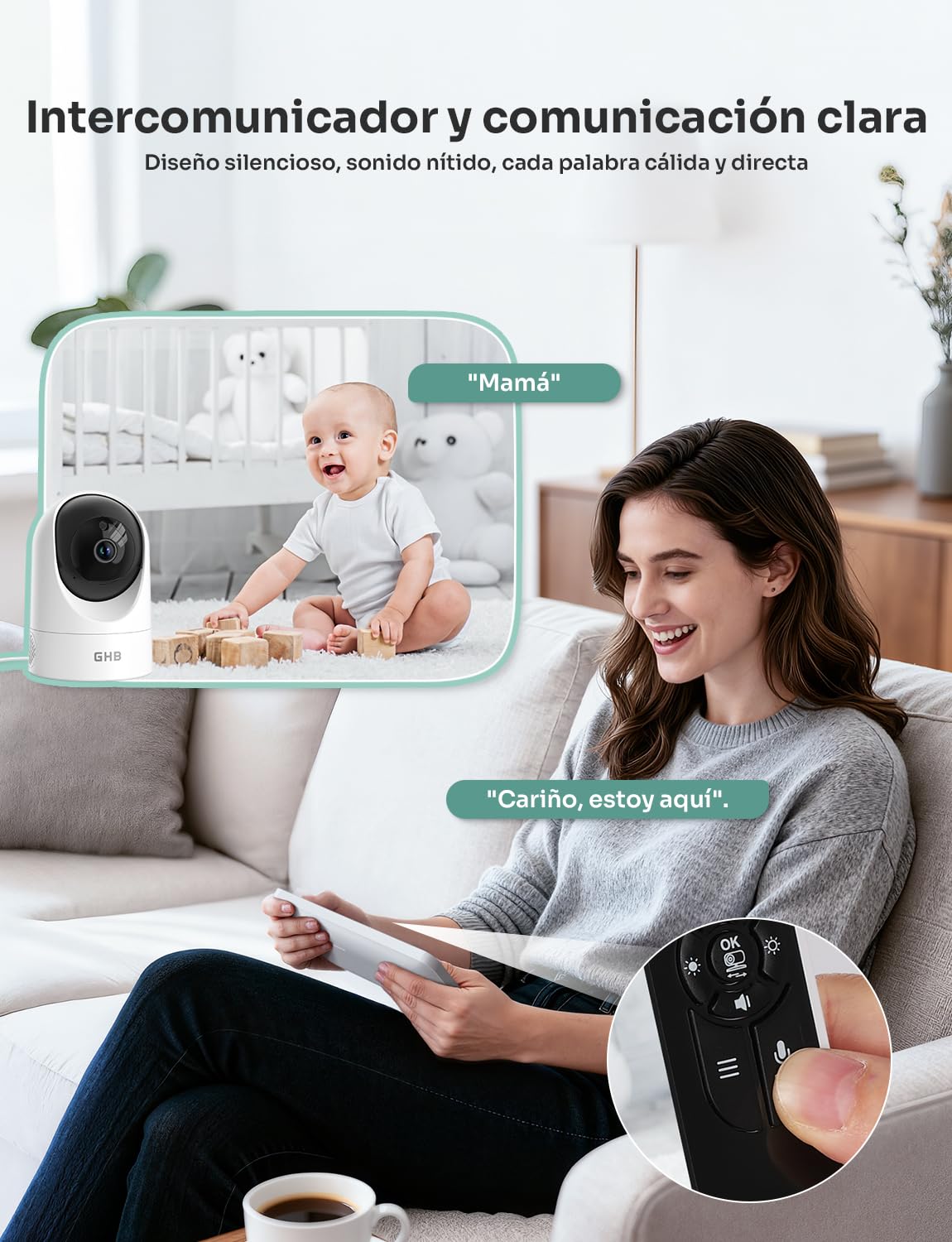 GHB Camara Vigilacia Bebe 7 Pulgadas IPS 1080P Pantalla Duración 168 Horas Batería de 4000mAh Vigilabebes Soporta 2 Cámaras 4×Zoom, Comunicación Bidirecciona Escucha Bebe