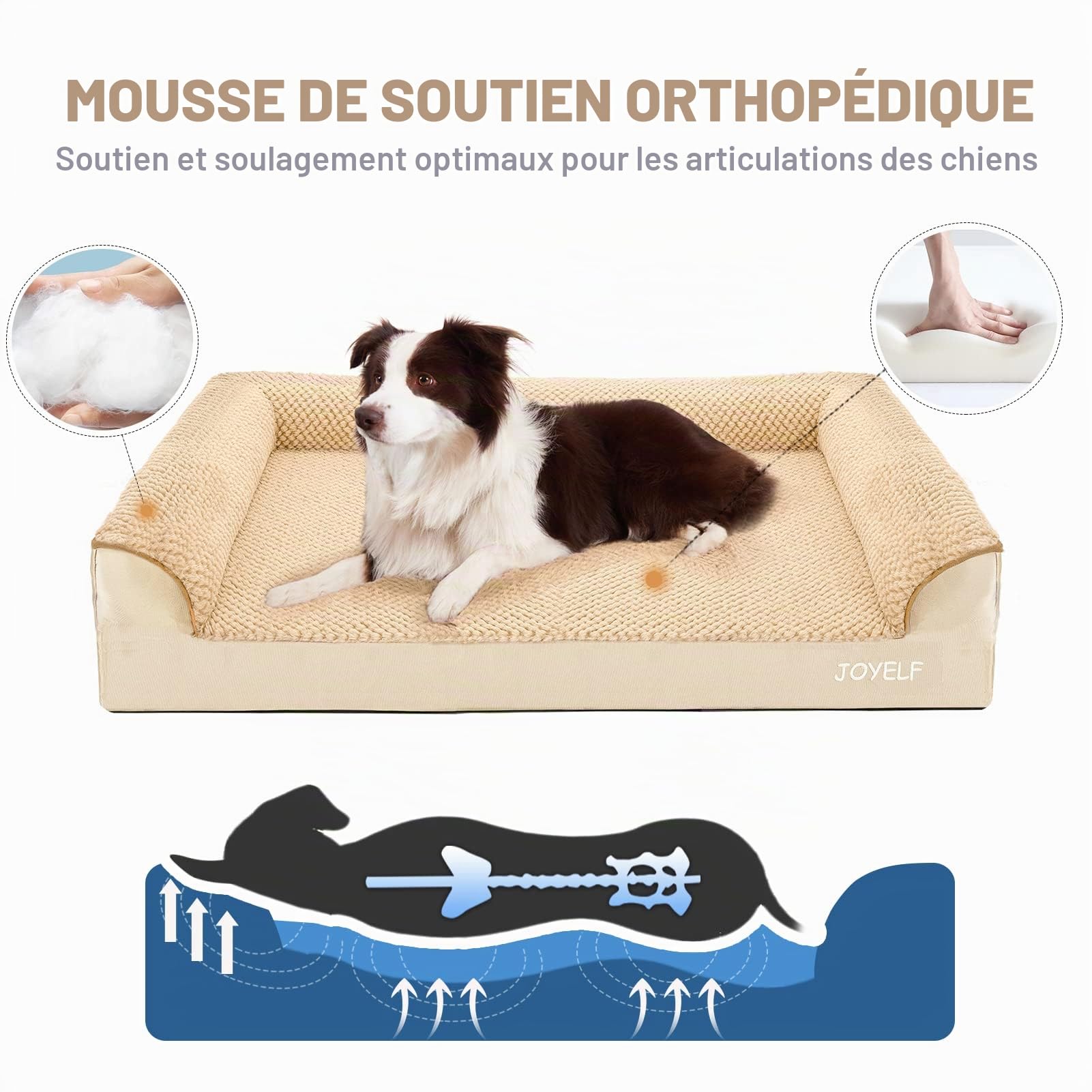 JOYELF Lit orthopédique pour Chien de Taille Moyenne, canapé-lit en Mousse en Forme de U, traversin imperméable avec Housse Amovible et Lavable et Fond antidérapant - Khaki