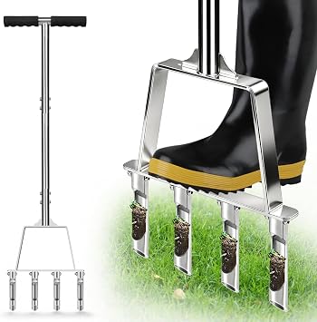 Core Aerator Lawn Tool Manual Lawn Aerator Tool with 4 Hollow Tines Non-Clogging Heavy Duty Plug Aerator for Soil Loosening Lawn Aeration, Revives Lawn Health,Garden Tool