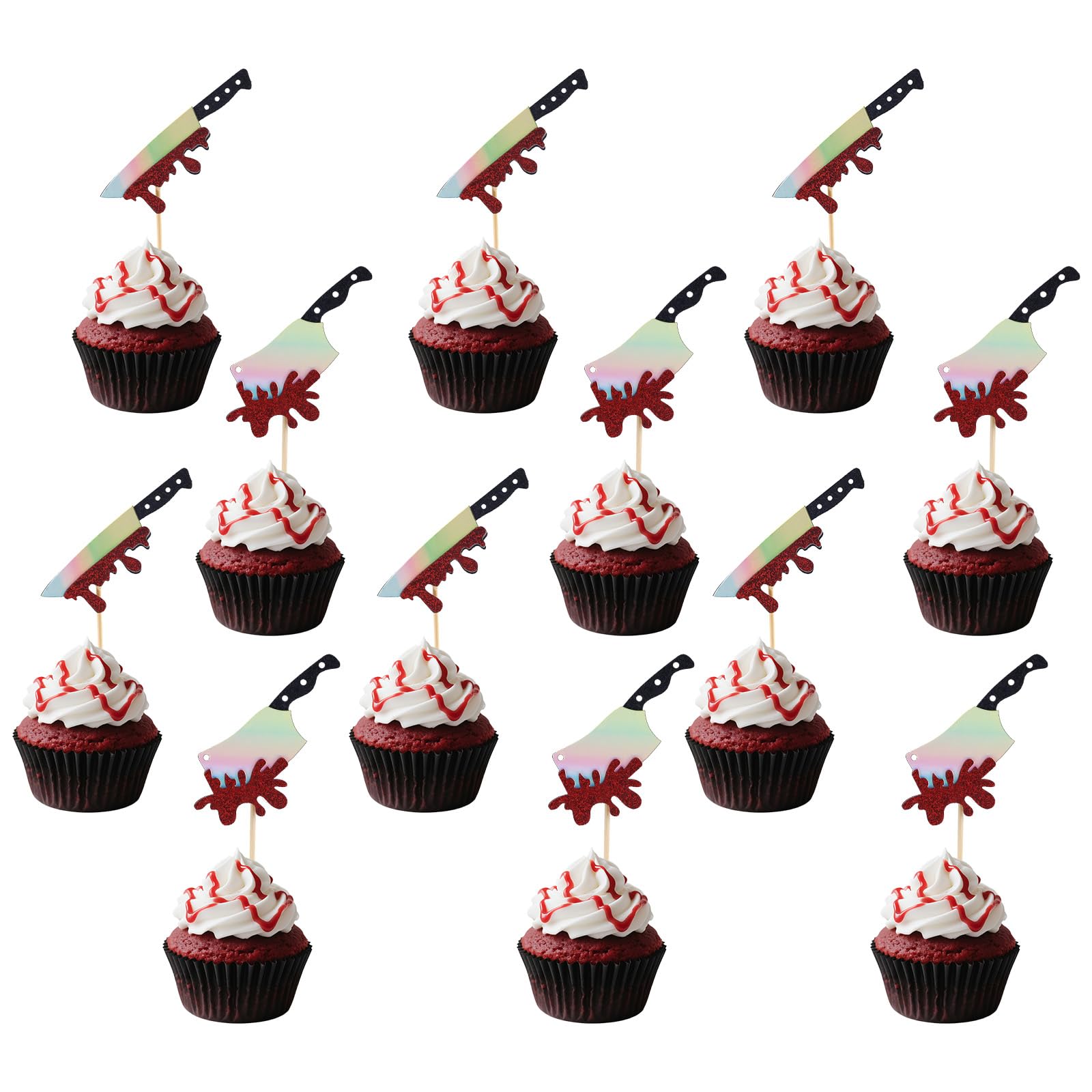 24pcs Halloween Cupcake Toppers, Glitter Horror Spooky Blood Knife Cake Picks Horror Theme Cupcake Decor for Halloween Parties Birthdays Supplies