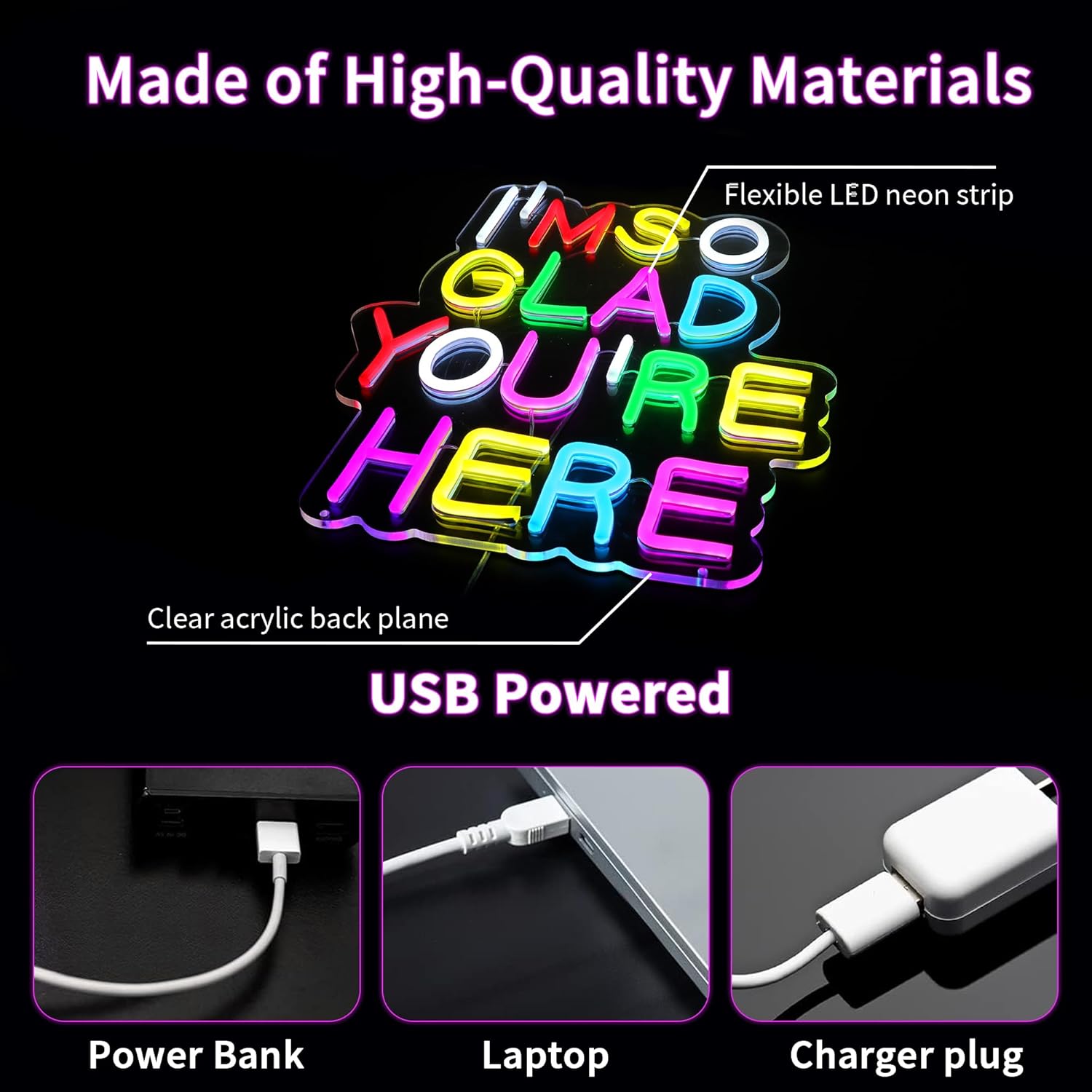 I'm So Glad You're Here Neon Sign Colorful Letter Neon Light Sign USB Powered for Wall Party Decor Bedroom Room Bar Wedding Home Birthday Art Decoration Christmas