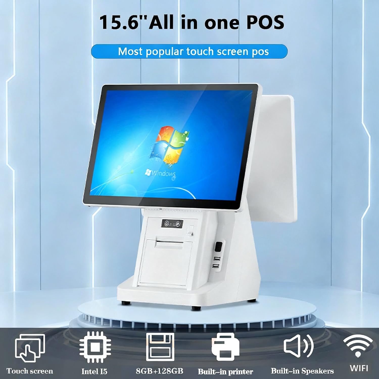 Qiang Caisse Enregistreuse Intelligente Tout-en-Un,POS Cash Register,éCran Tactile 15,6",8G Ram,128G Ssd,Windows,Imprimante intégrée,Prend en Charge 30 Langues,for Retail and Restaurant Dualscreen