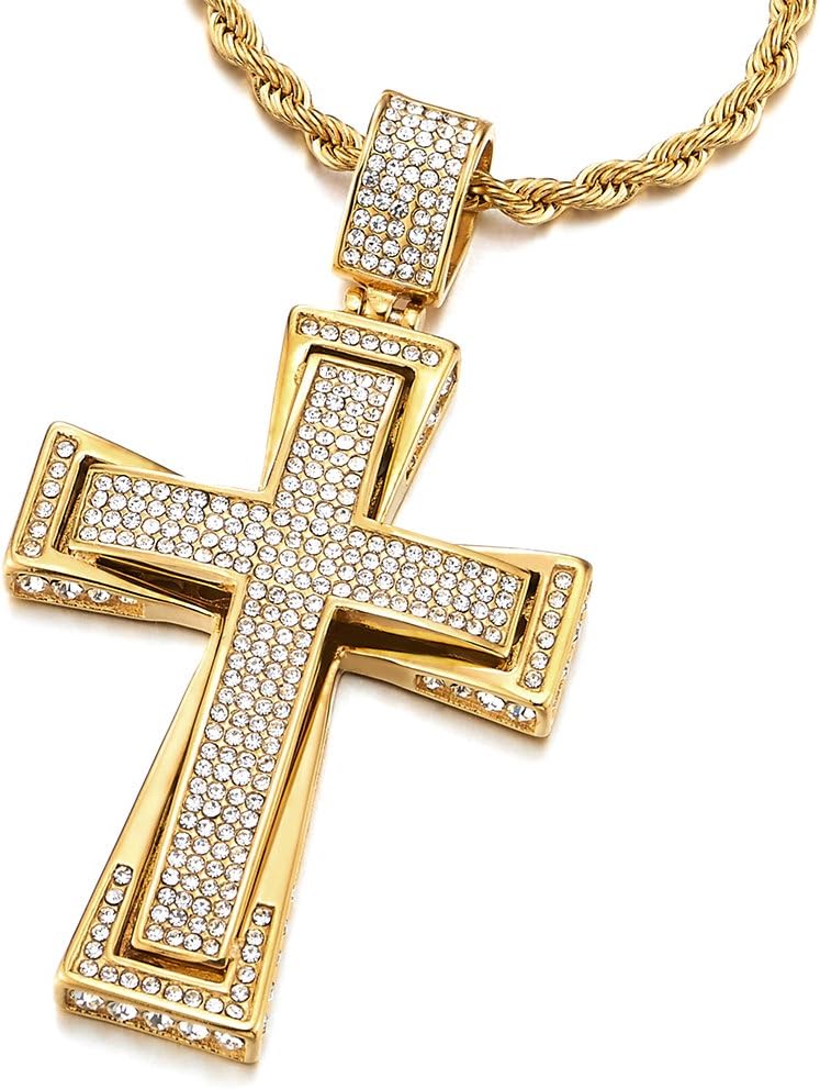 Mens Womens EXTRA LARGE Steel Cross Pendant Necklace with Cubic Zirconia and Wheat Chain