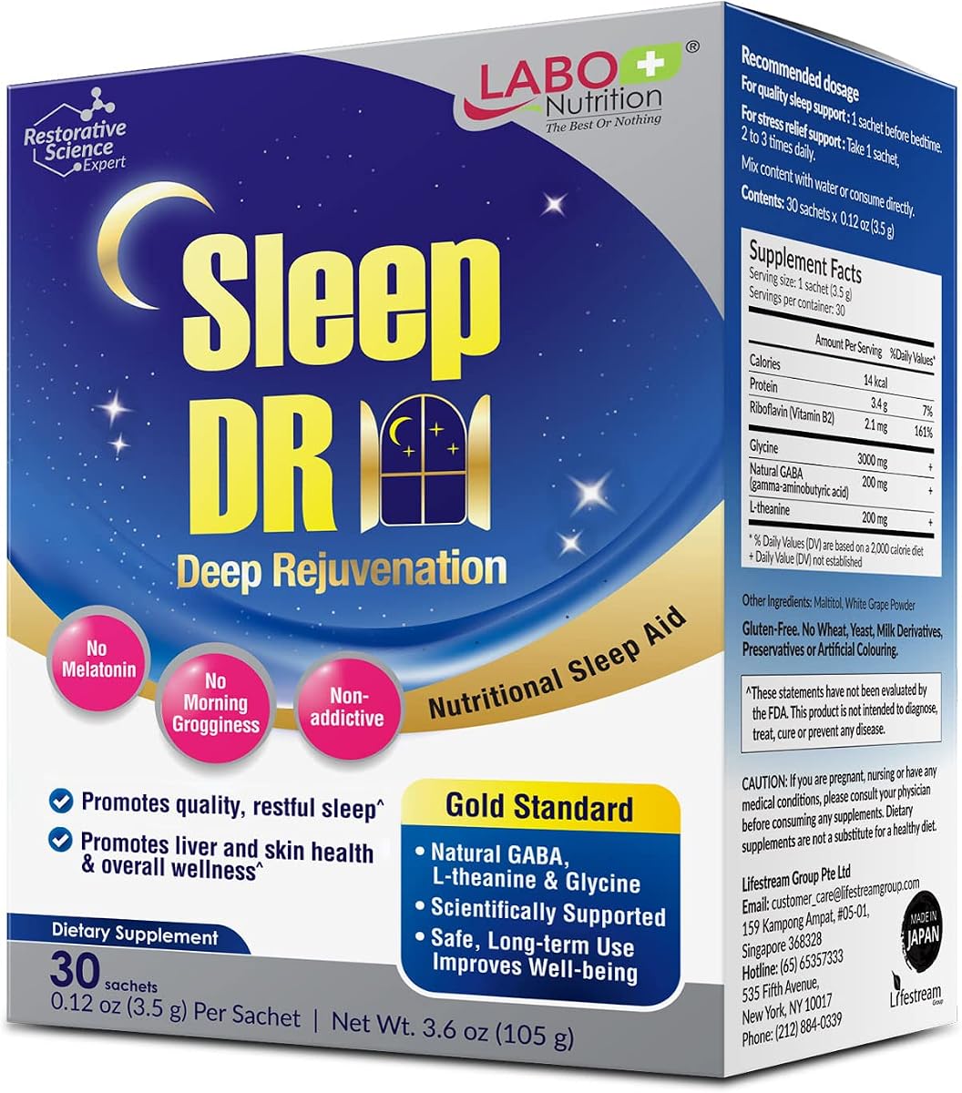 LABO Nutrition Sleep DR Natural GABA L-theanine - Melatonin-Free Sleep Aid | 30 sachets, supports restful sleep with natural GABA, L-theanine & glycine, melatonin-free formula, 30 days' supply