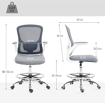 HOMCOM Draughtsman Chairs, 4D Lumbar, High Rise Office Chair, Charcoal Grey