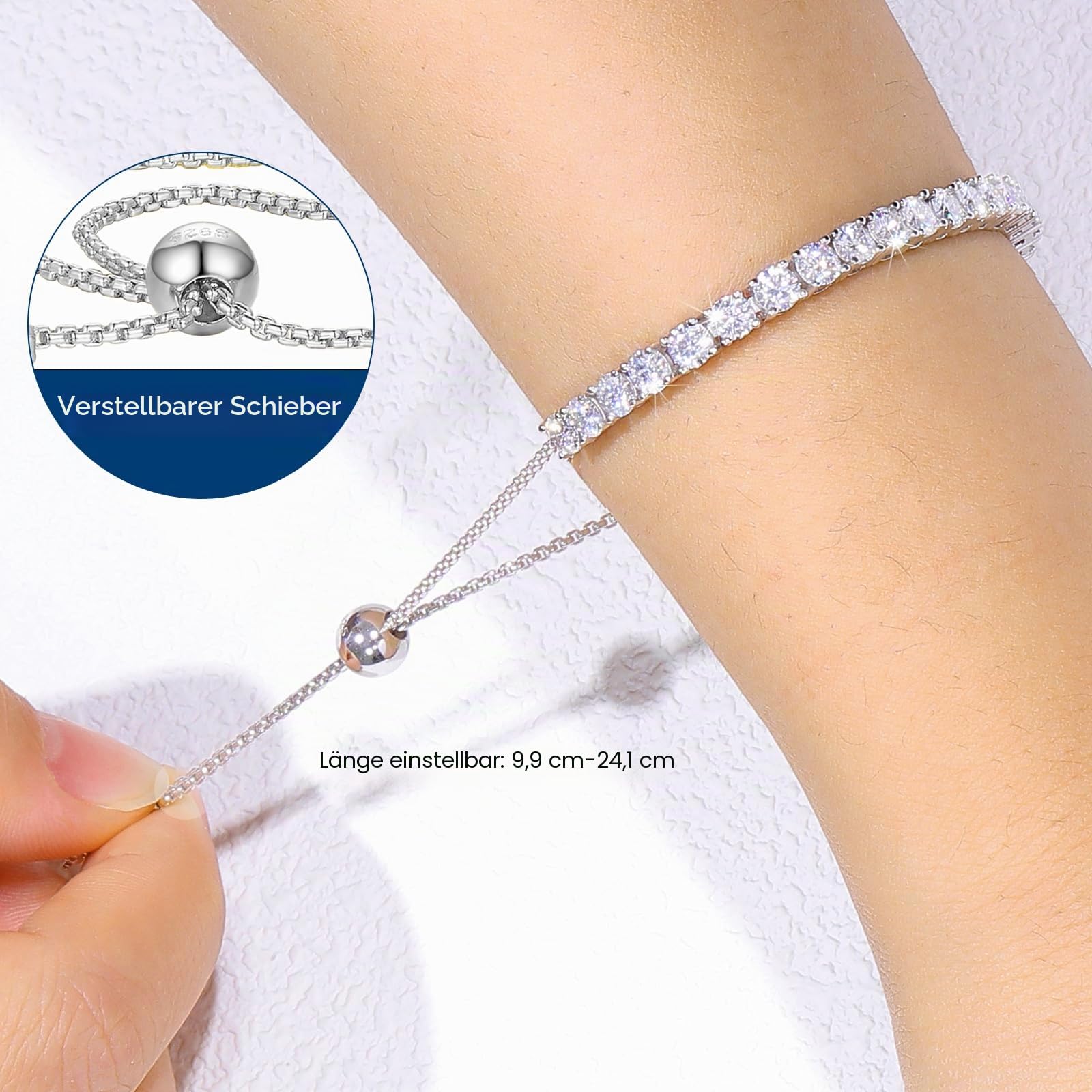 Armband Damen Moissanite Armband aus 925er Sterlingsilber Hypoallergen Längenverstellbar D-Farbe Reinheit VVS1 Geschenke für Frauen