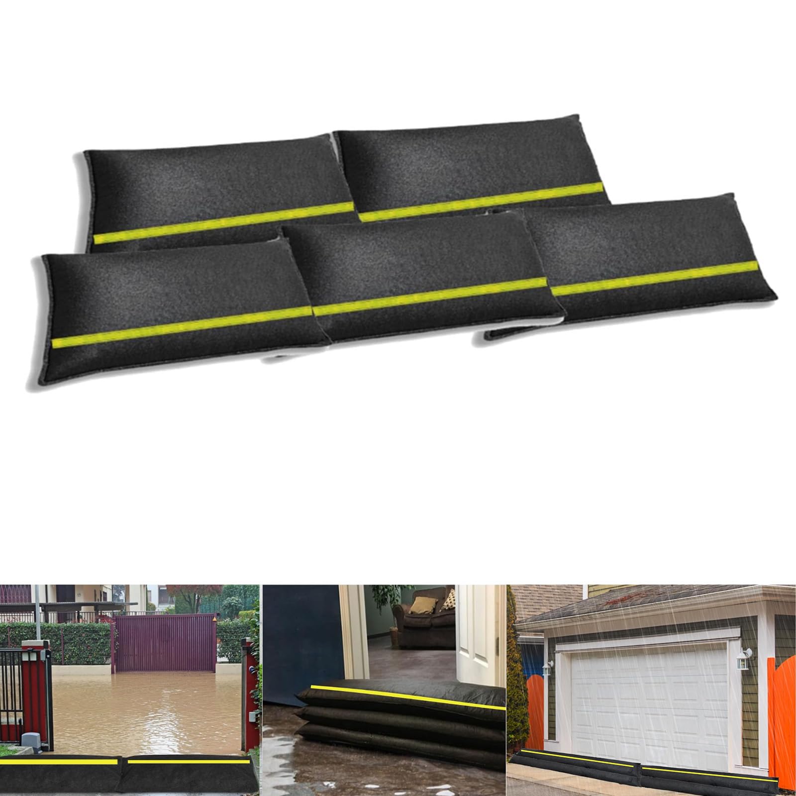 5PCS Barriera contro gli Allagamenti con striscia riflettente, si Attiva con l’acqua, Assorbimento dell'acqua Sacchi di Sabbia attivi per Ingresso Porta e Giardino 20x90CM