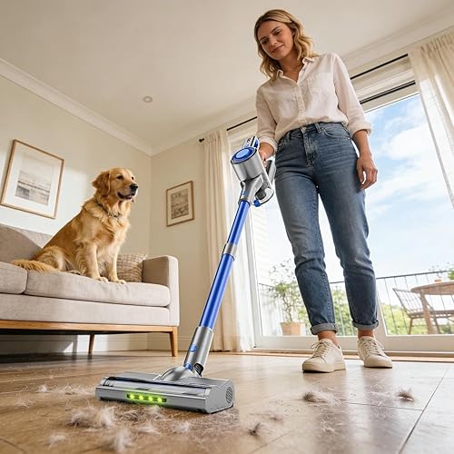 Miniatura 9 de Aspiradora inalámbrica para el hogar, potente aspiradora de palo con batería recargable, cepillo antienredos de luz verde, aspiradora de mano ligera