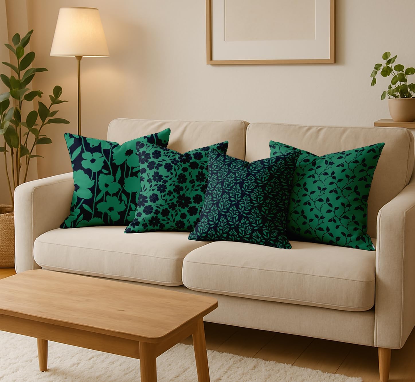 Set of 4 16x16 Cotton Cushion Covers - Decorative Reversible Pillow Covers with Concealed Zipper - Filler Not Included - Floral Print, Green