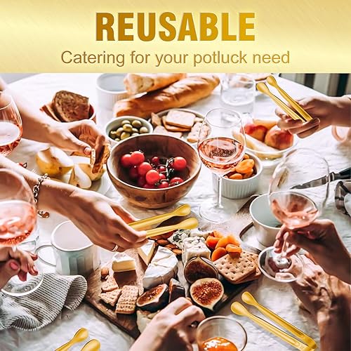 Vista 29 de 12 pinzas pequeñas para servir, minipinzas doradas de 4.3 pulgadas, pinzas de cocina doradas para servir alimentos, barra de café, fiesta de té