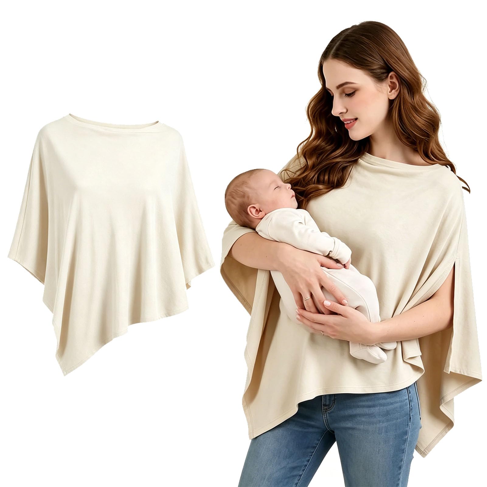 JRZYTX Breastfeeding Cover for Mum Multi-Use Nursing Cover, Soft Breathable Modal 360° Full Coverage Breast Feeding Cover Up Breastfeeding Poncho for Stroller Car Seat Shawl (Beige)