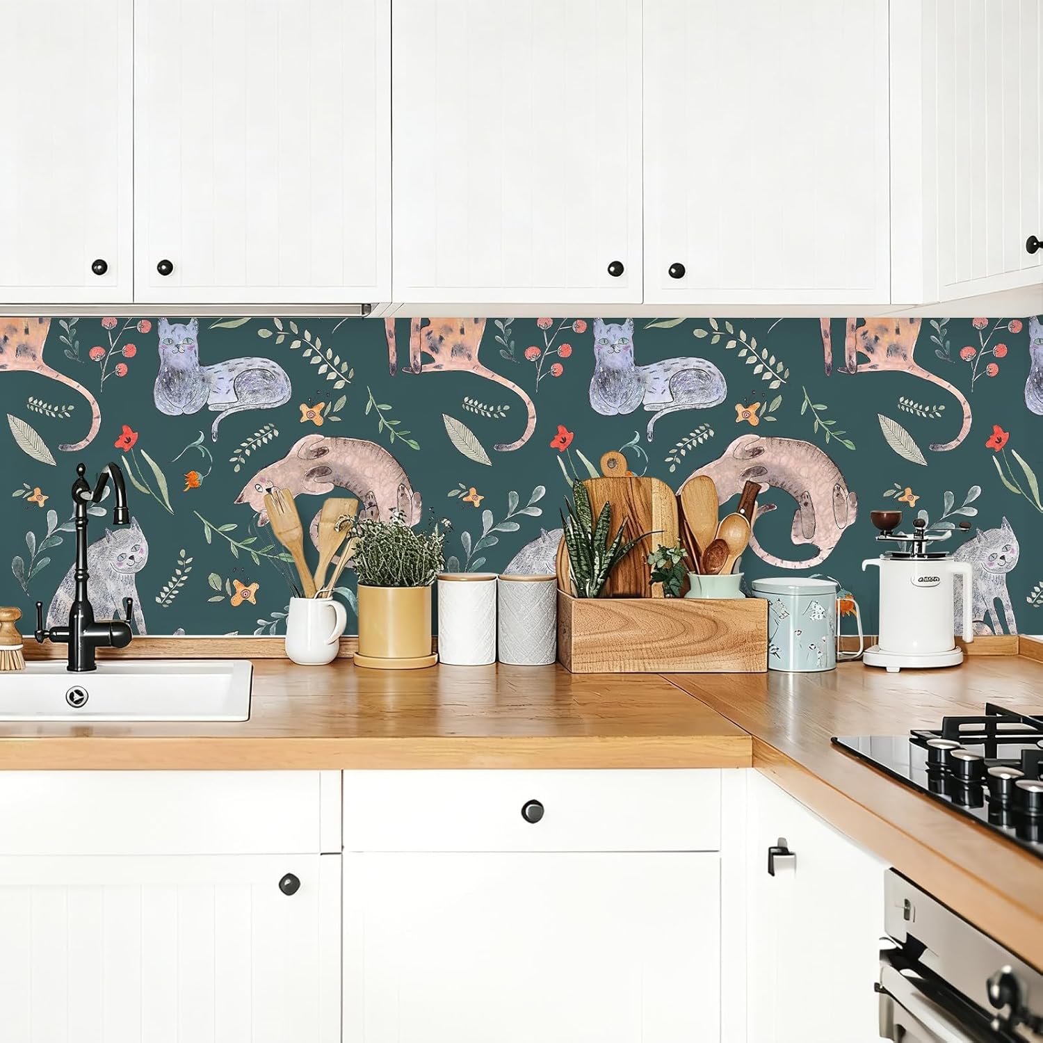 Cat Animals Wallpaper Peel and Stick Watercolor Whimsical Green Cute Children Botanical Leaf Self Adhesive Removable Waterproof Wallpaper Contact Paper for Bedroom Renter Friendly 17.71"x236.2"