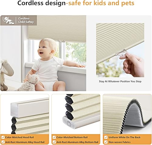 Miniatura 2 de LazBlinds Persianas celulares opacas sin cordón, con bloqueo de luz de abeja, persianas plisadas para ventanas de 46 pulgadas de ancho x 64 pulgadas