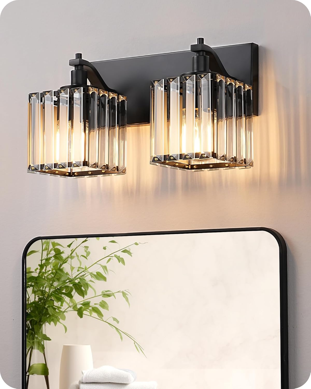 EDISHINE Bathroom Vanity Light Fixtures, 2 Light Crystal Bathroom Lighting Fixtures Over Mirror, Modern Wall Sconce for Powder Room, Bedroom, E26 Base, Black