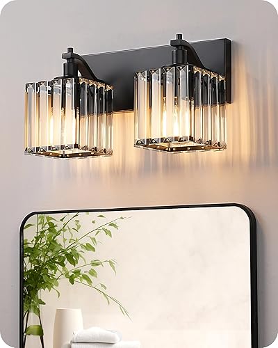 EDISHINE Lámparas de tocador de baño, 2 lámparas de cristal sobre el espejo, aplique de pared moderno para tocador, dormitorio, base E26, color negro