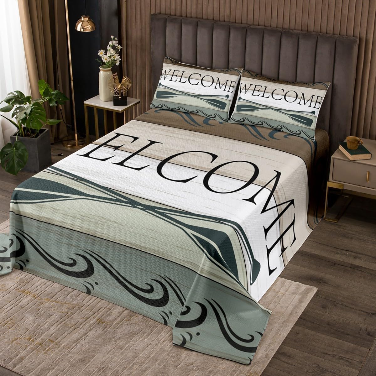 Lake House Decor Quilt Set King, Farmhouse Rustic Barn Door Bedspread Set Cabin Lodge Decor, Lake Paddle Coverlet Set For Lake Lover, Retro Vintage Style Bed Set Home Room Decor, Navy Green