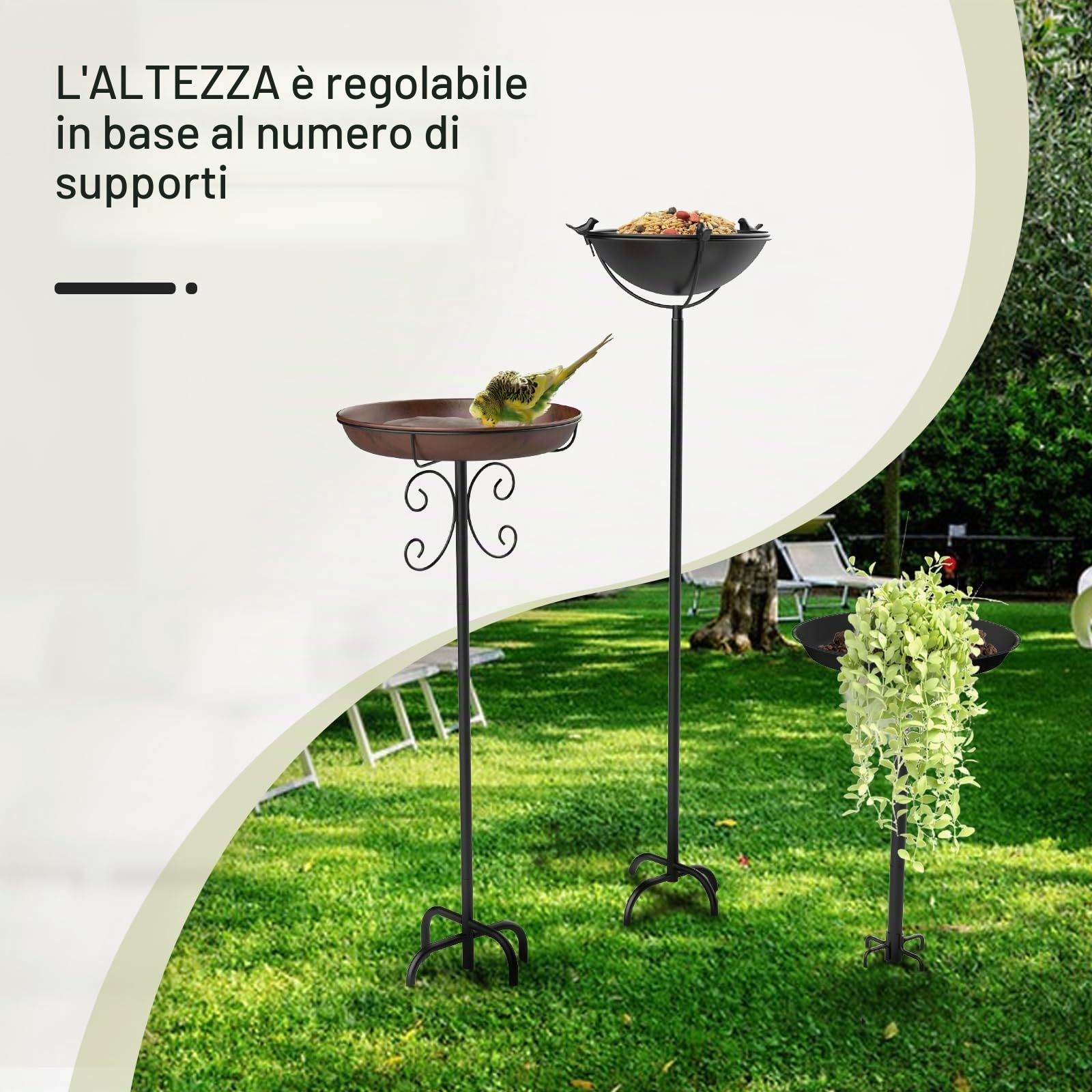 EFUTURETIME Abbeveratoio Grande in Metallo per Uccelli Con Supporto φ 30 × 90 cm Vaschetta per Uccelli Vassoio Regolabile in Altezza per Giardino Esterno Balcone, Colore Bronzo