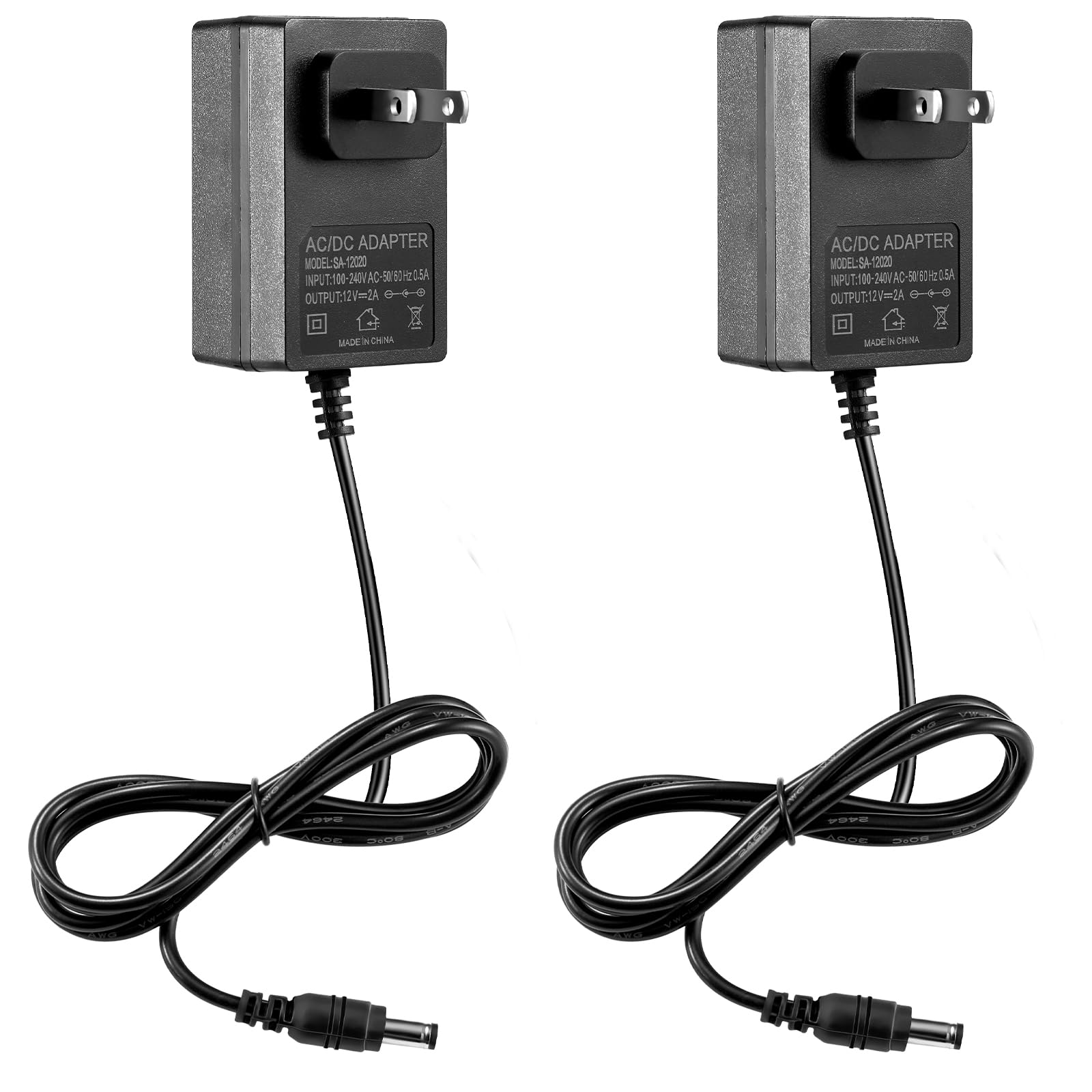 Bawofu Power Supply Adapter 12V 2A AC DC Switching Wall Wart Transformer Charger for CCTV Camera LED Strip Light (3.9Ft Cord, 24 Watt Max), 2 Pack