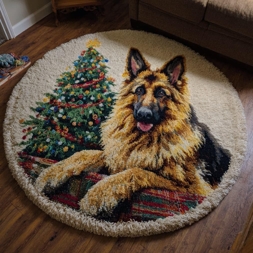 kitphoenix Creative Round Latch Hook Rug Kit German Shepherd 50 X 50Cm Handmade Latch Hook Kits for Adults for Christmas Carpet Beginners Adults