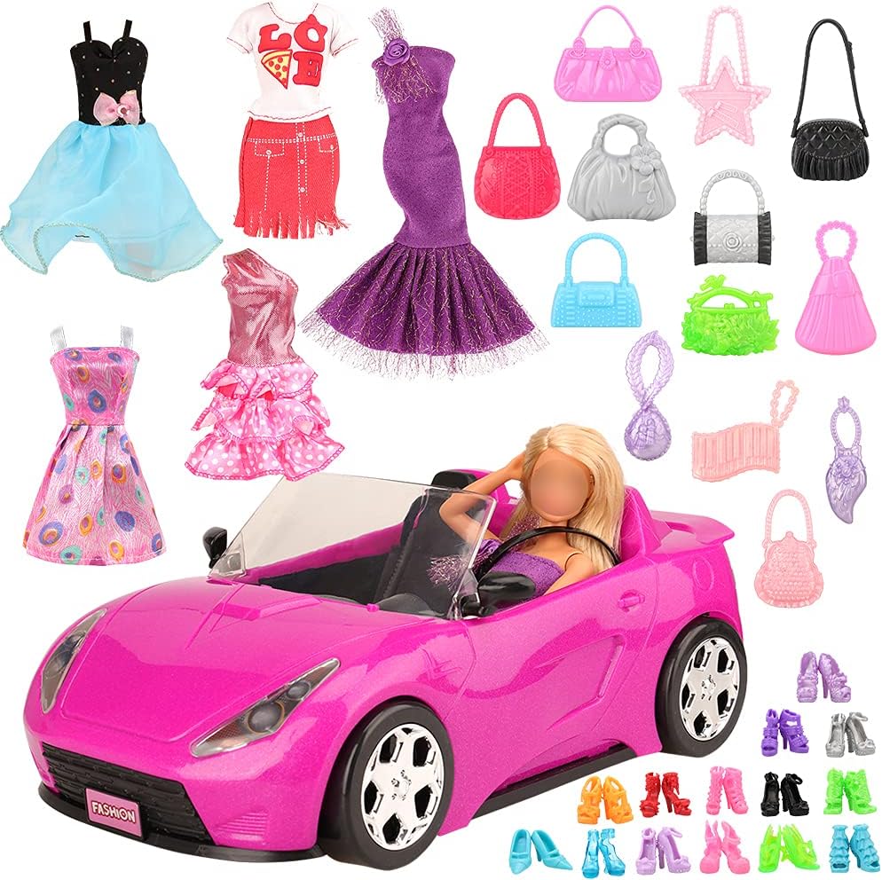 Miunana 26 Doll Vehicle Accessories = 1 Doll Car+ 5 Clothes Dresses + 10 Handbag + 10 Shoes For 11.5 Inch Dolls