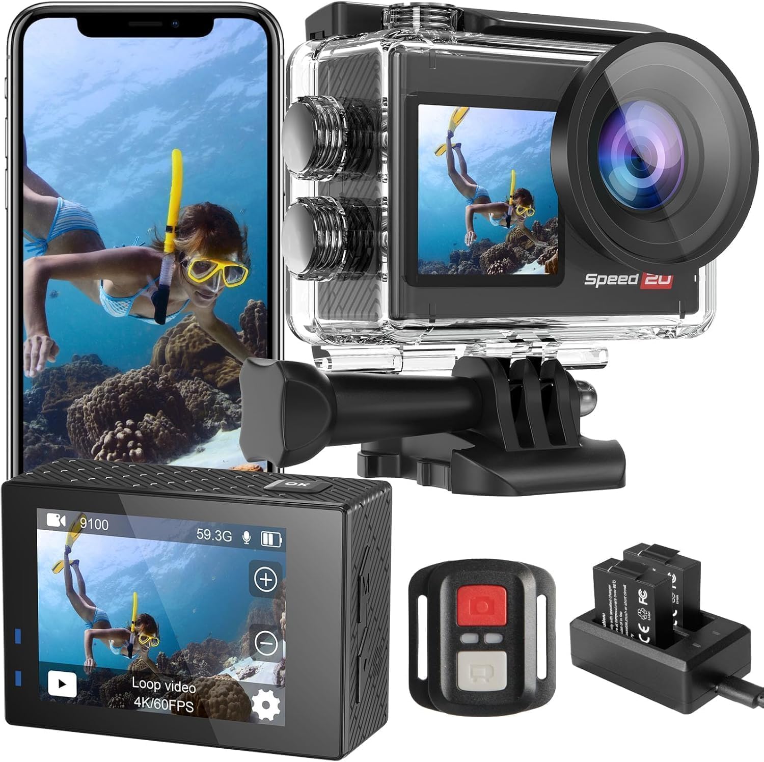 Speed 20 Action Cam 4K60FPS 40MP WiFi Unterwasserkamera 40M Wasserdicht Ultra HD Touchscreen 170° Ultra-Weitwinkel EIS Stabilisierung 5X Zoom
