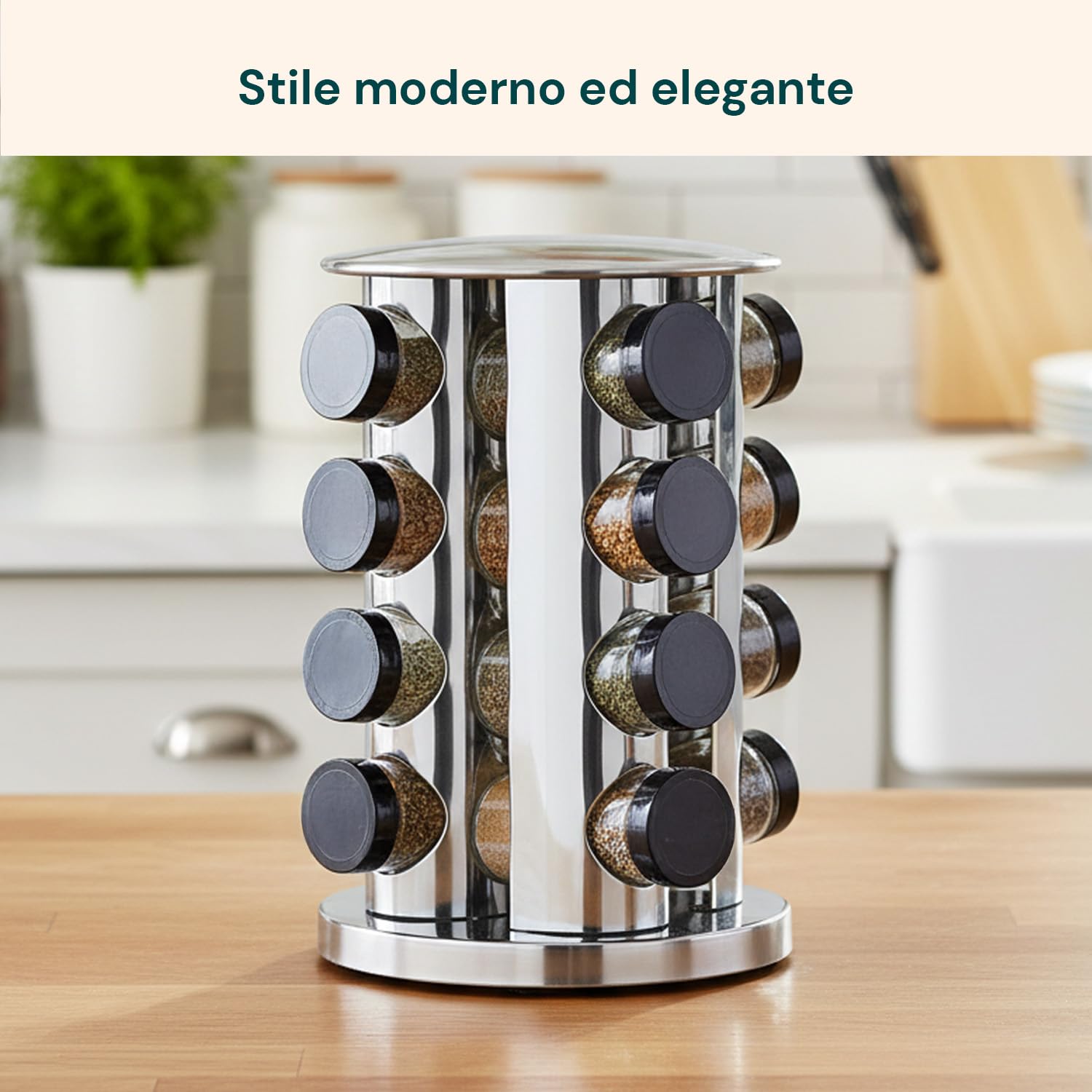Avilia Portaspezie Girevole 360° con 16 Barattoli in Alluminio – Porta Spezie Salvaspazio Alzatina Cucina Rotante a 2 Livelli con 32 Etichette e Penna – Organizer Dispensa Cucina