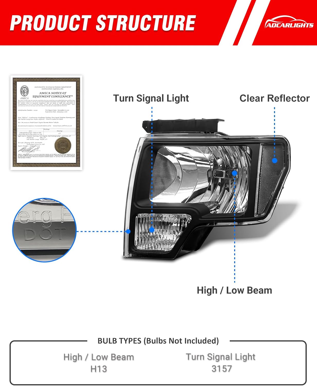 Headlight Assembly for 2009 2010 2011 2012 2013 2014 Ford F150 Pickup Sequential turn signal led bar w/Projector Left and Right Chrome housing（W/O Bulbs）