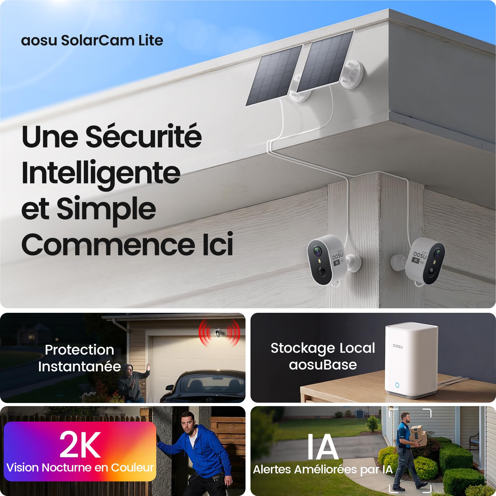 aosu 2K Camera Surveillance WiFi Exterieure sans Fil Solaire, Kit 4 Cam + aosuBase 2.0, sans Abonnement Requis, Extensible Jusqu’à 1 to, Vision Nocturne Couleur AI PIR Détection Suivi Inter-Caméras