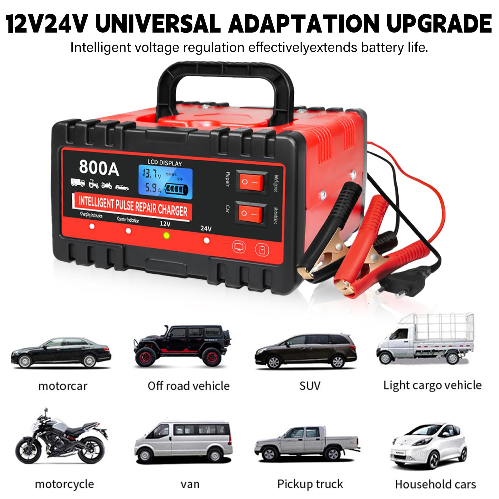 Caricatore a batteria completamente automatico, 8 A, caricabatteria da auto, 12 V, 24 V, strumento di ricarica rapida intelligente e manutenzione per auto, camion, moto, auto e trattore
