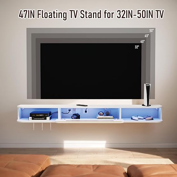 Pmnianhua Floating TV Stand with LED Lights, Solid Wood Wall Mounted TV Cabinet with Glass Door, Mid-Century Entertainment Media Console Center Large Storage Shelf Under TV (120cm, White)