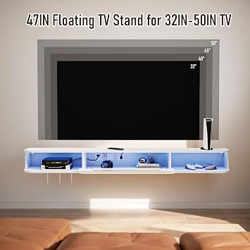 Pmnianhua Floating TV Stand with LED Lights, Solid Wood Wall Mounted TV Cabinet with Glass Door, Mid-Century Entertainment Media Console Center Large Storage Shelf Under TV (120cm, White)