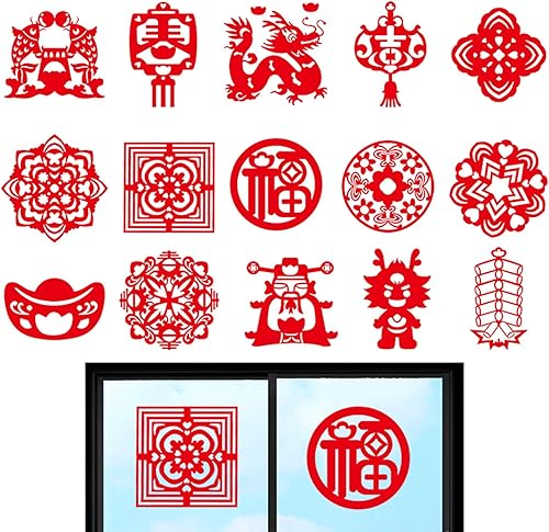 Miniatura 10 de Decoraciones de año nuevo chino 2024, paquete de 30 calcomanías de ventana de papel de corte de papel con 2 tijeras, diseño de manuscrito