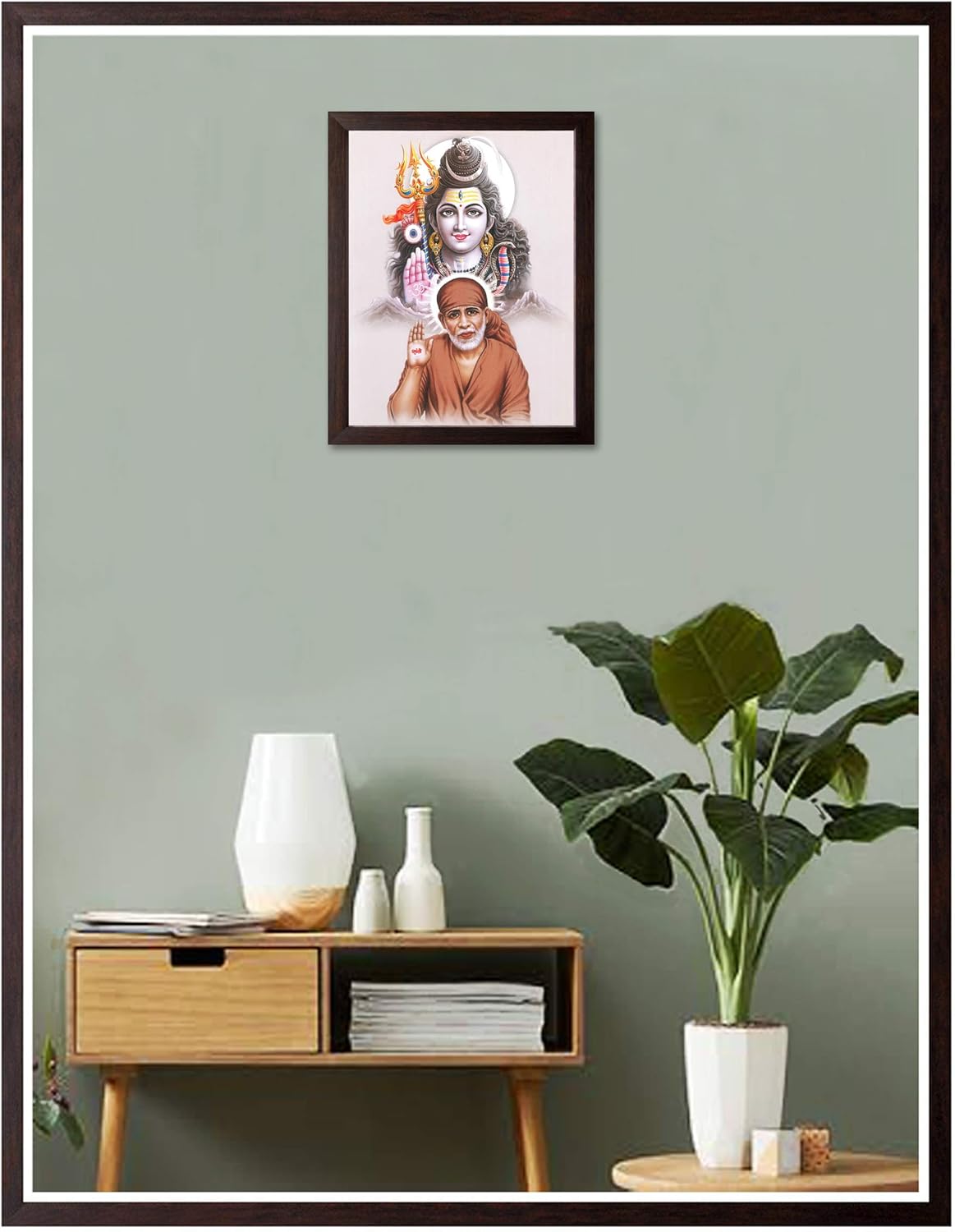 Art n Store: Shree Sai Baba with Lord Shiva HD Printed Religious & Wall Decor Picture Painting with Brown Frame (30 X 23.5 X 1.5 cm_ Brown Wood)