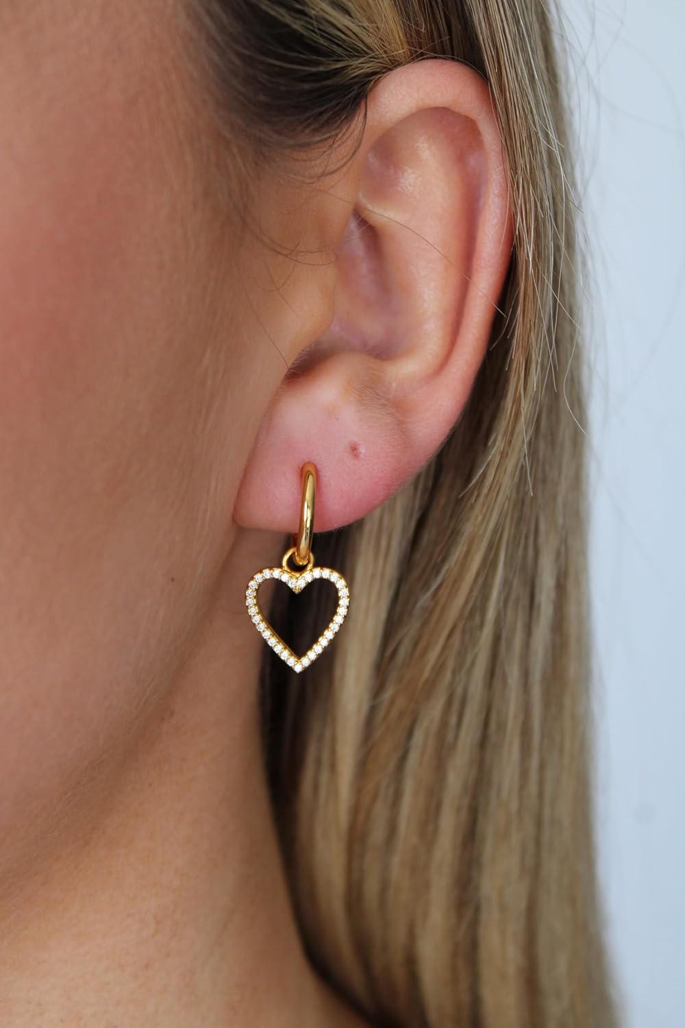 Heart Huggie Hoop Earrings – 18K Gold Plated Dainty Hoops with Zircon Stones for Women – Gold Heart Dangle Earrings by Malibu Sunday - Image 7