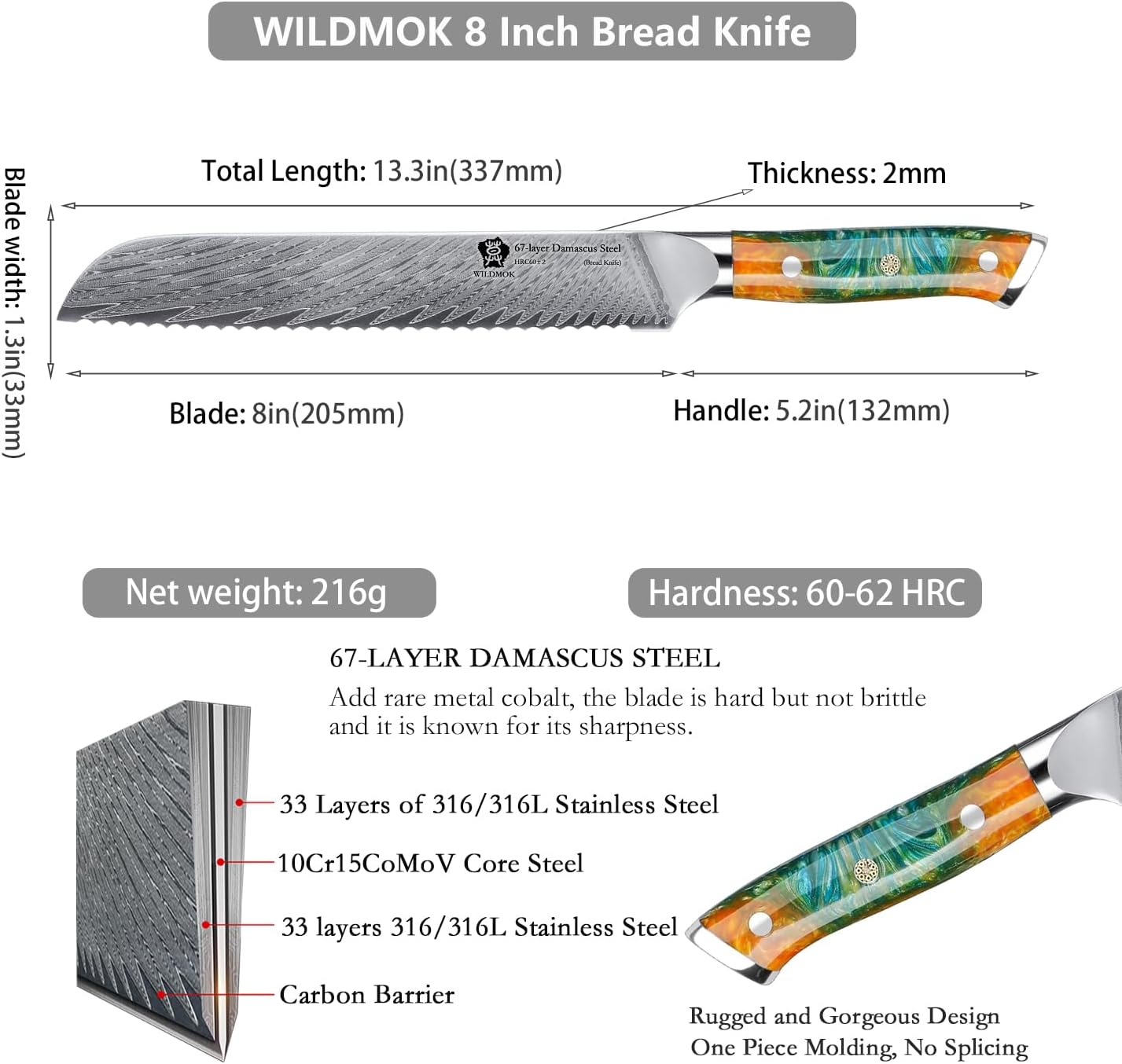 WILDMOK Serrated Damascus Steel Bread Knife, 8 inch, Full Tang Ultra Sharp, Resin Handle, Gift Box - Image 2