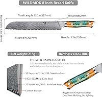Vista 2 de WILDMOK Cuchillo de pan de acero de Damasco dentado, 8 pulgadas, espiga completa ultra afilada, mango de resina, caja de regalo