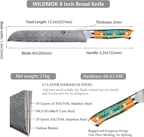 Miniatura 2 de WILDMOK Cuchillo de pan de acero de Damasco dentado, 8 pulgadas, espiga completa ultra afilada, mango de resina, caja de regalo