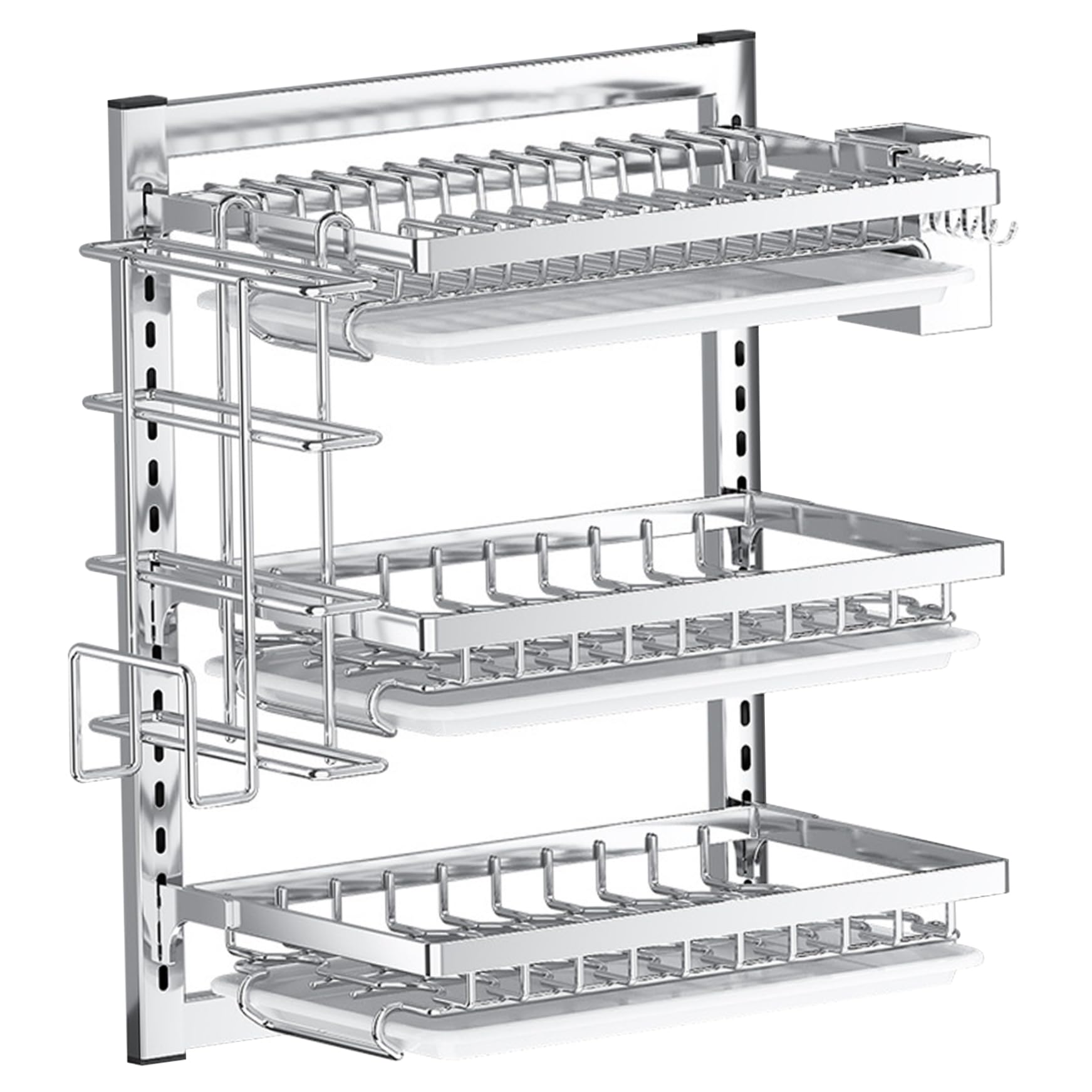 Wall Mounted Dish Drying Rack, 3 Tier Stainless Steel with Drainboard & Hooks for Kitchen