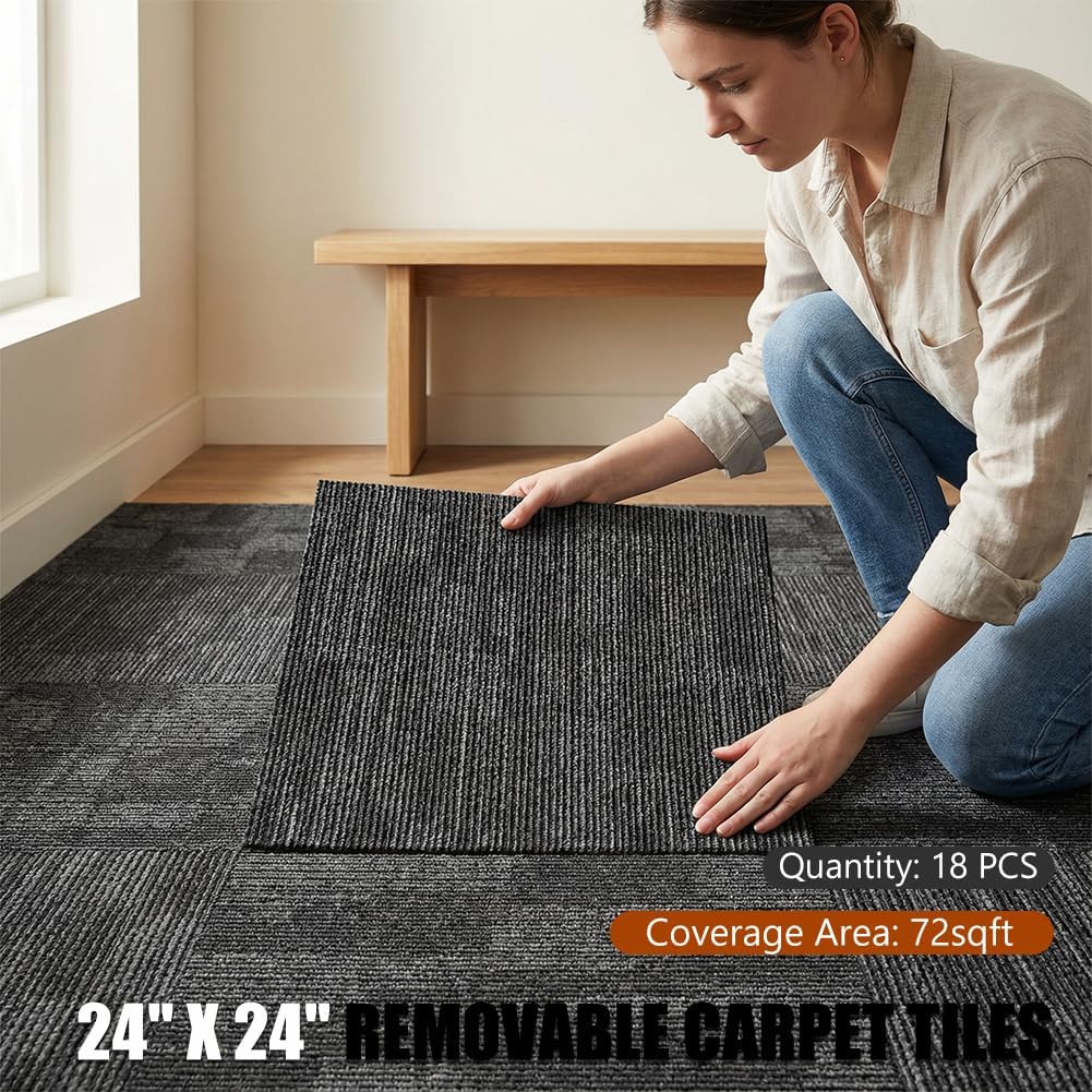 Carpet Floor Tiles 24” x 24” Commercial Carpet Squares 18 Pcs Non-Slip Office Soft Tiles DIY Installation for Living Room Bedroom Study Hotel Grey