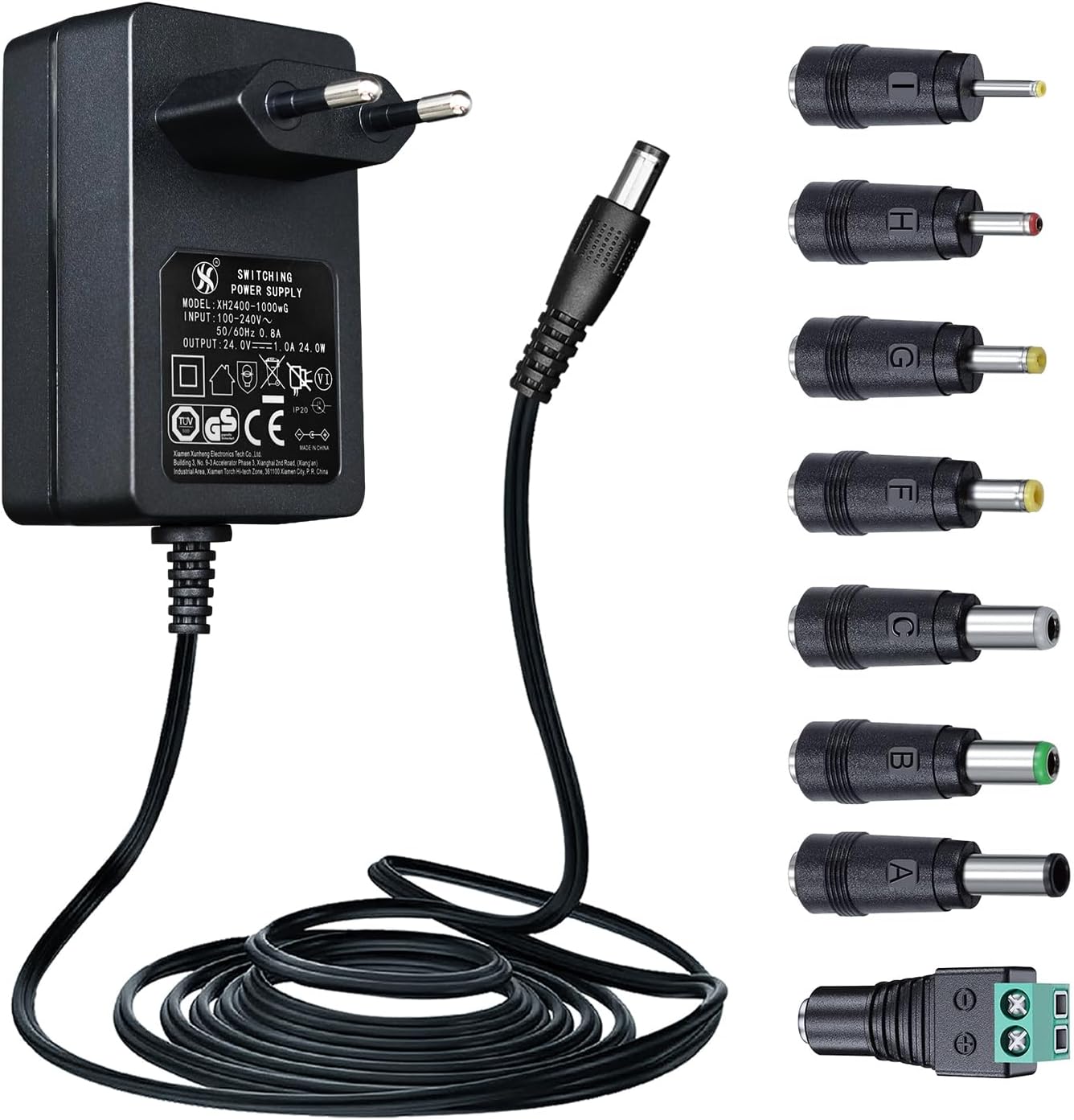 24V 1A / 1000mA 1.8M Power Supply Adapter AC 100-240V to DC 24V 1A 24W Switching Adapter 5.5 x 2.1 mm Wall Plug with 8 Tips for LED Strip Light Diffuser Humidifier and More CE Certified