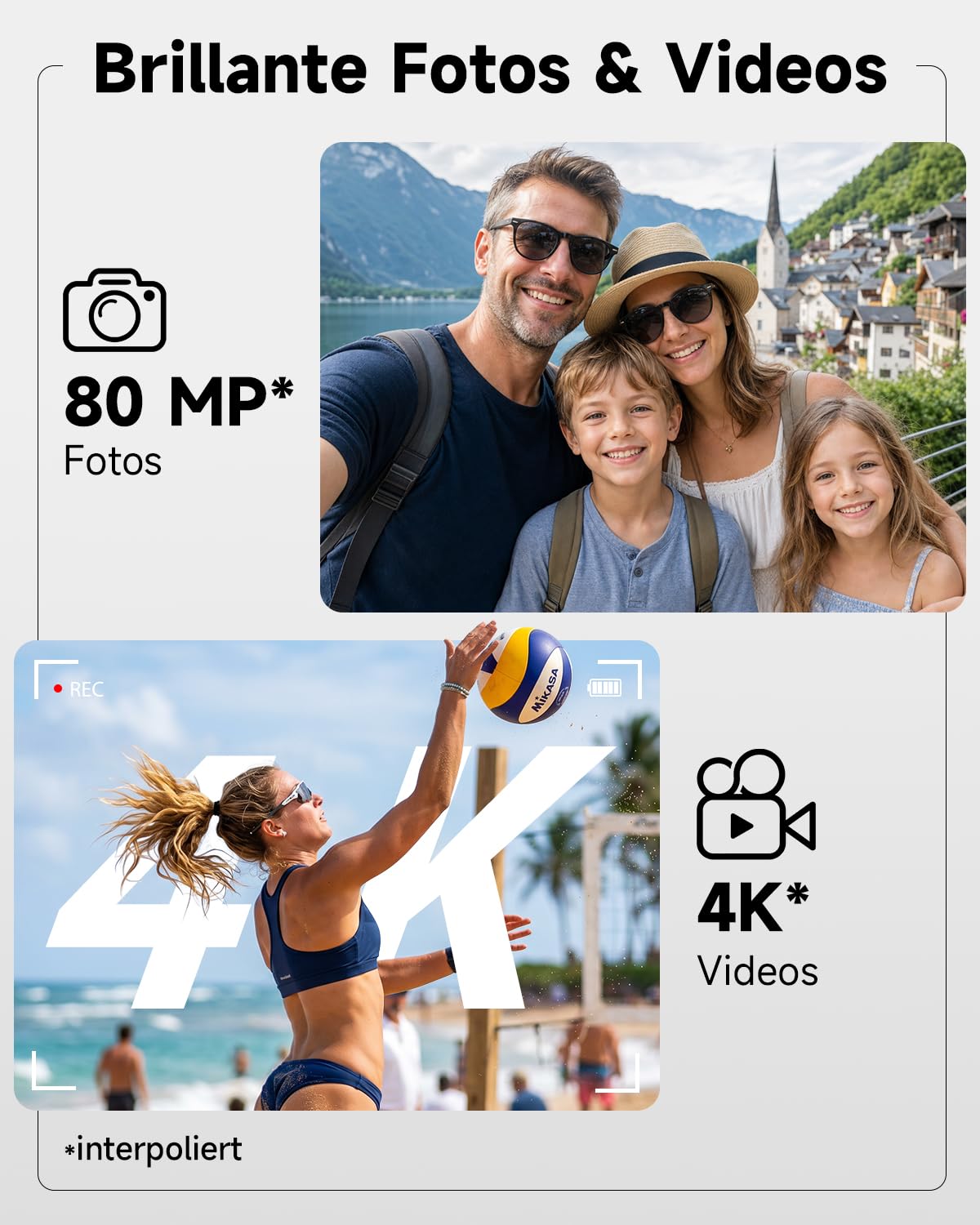Rollei Compactline Slim Silver Digitalkamera 80MP 4K Fotokamera mit Lächelerkennung Ultradünner Fotoapparat Tragbare Kompaktkamera für Teens Anfänger, Digital-Kamera-Fotoapparat-Camera-Digicam