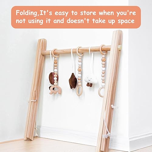 Miniatura 4 de Razee Alfombra de madera para jugar al gimnasio, gimnasio plegable para bebés con 6 juguetes sensoriales colgantes para regalo de despedida