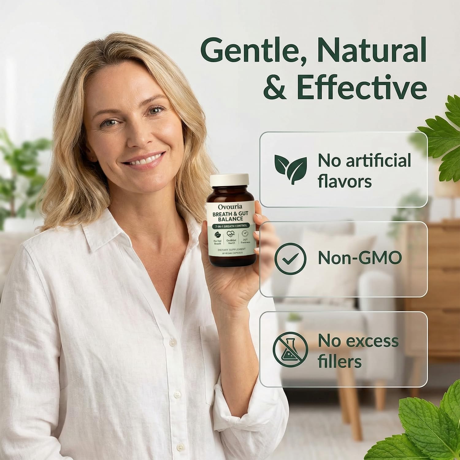Ovouria Breath and Gut Balance, 7-in-1 Advanced Formula with Magnesium Citrate, Zinc Gluconate, Probiotic Blend, Fresh Breath, Chronic Halitosis & Gut Health, 60 Capsules