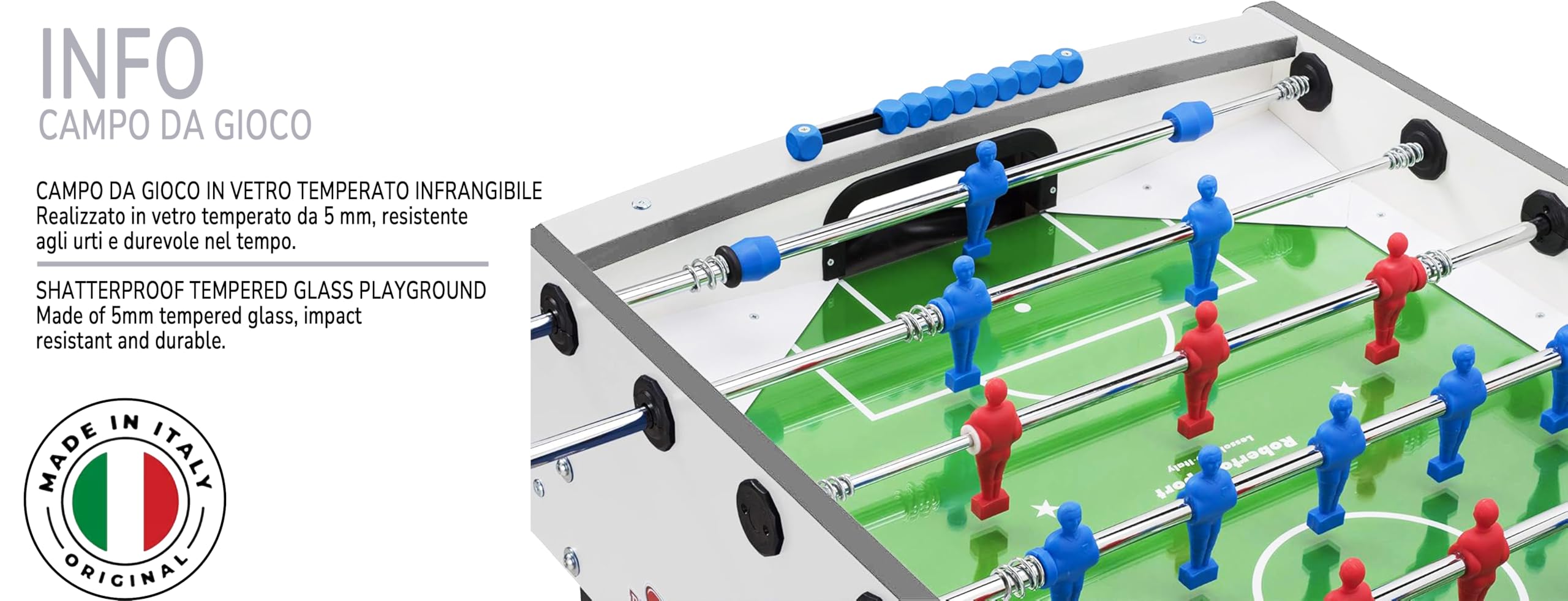 G5 HT SPORT Futbolín Roberto Sport [Made in Italy] Futbolín de mesa con barras reentrantes telescópicas | Campo de cristal templado irrompible | Bolas y spray incluidos